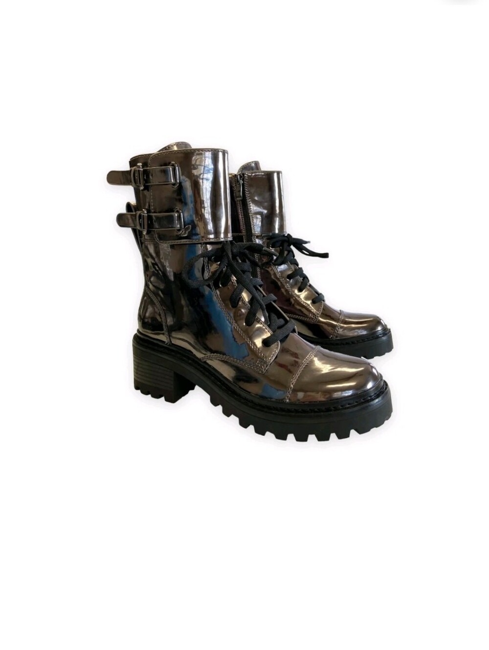 Dkny Metallic Gunmetal Lace-Up Combat Boots with Buckle Straps